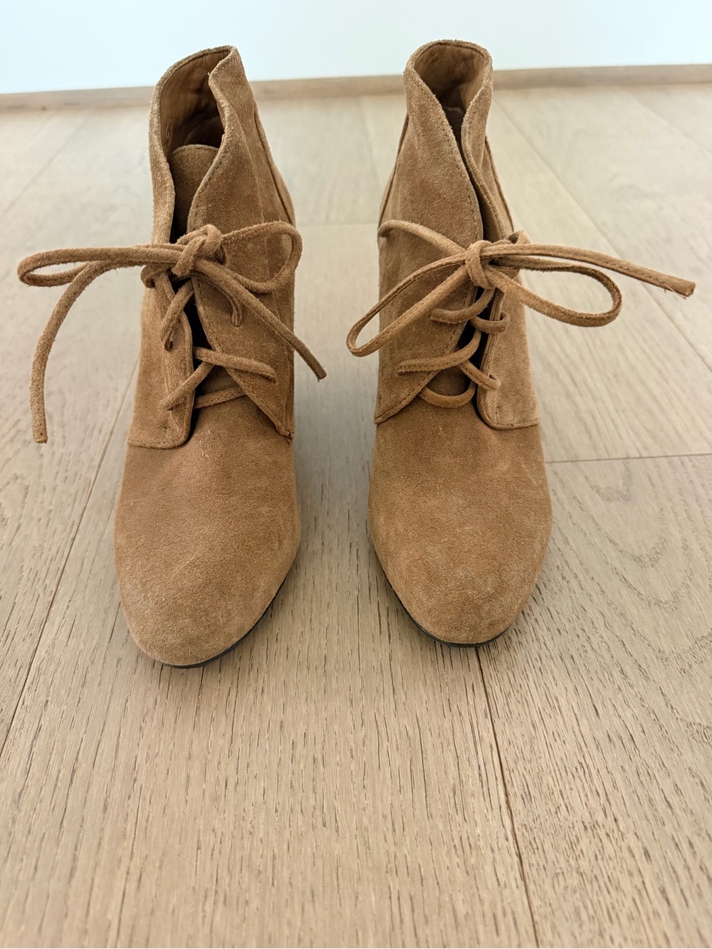 Via Spiga Tan Suede Lace-Up Wedge Booties